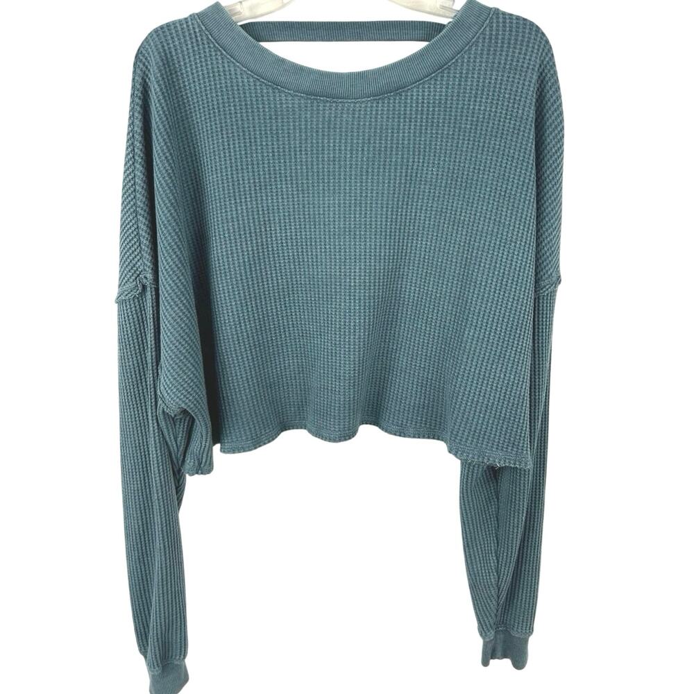 SO Womens L Blue Waffle Knit Cropped Pullover Top V Neck Oversized Casual